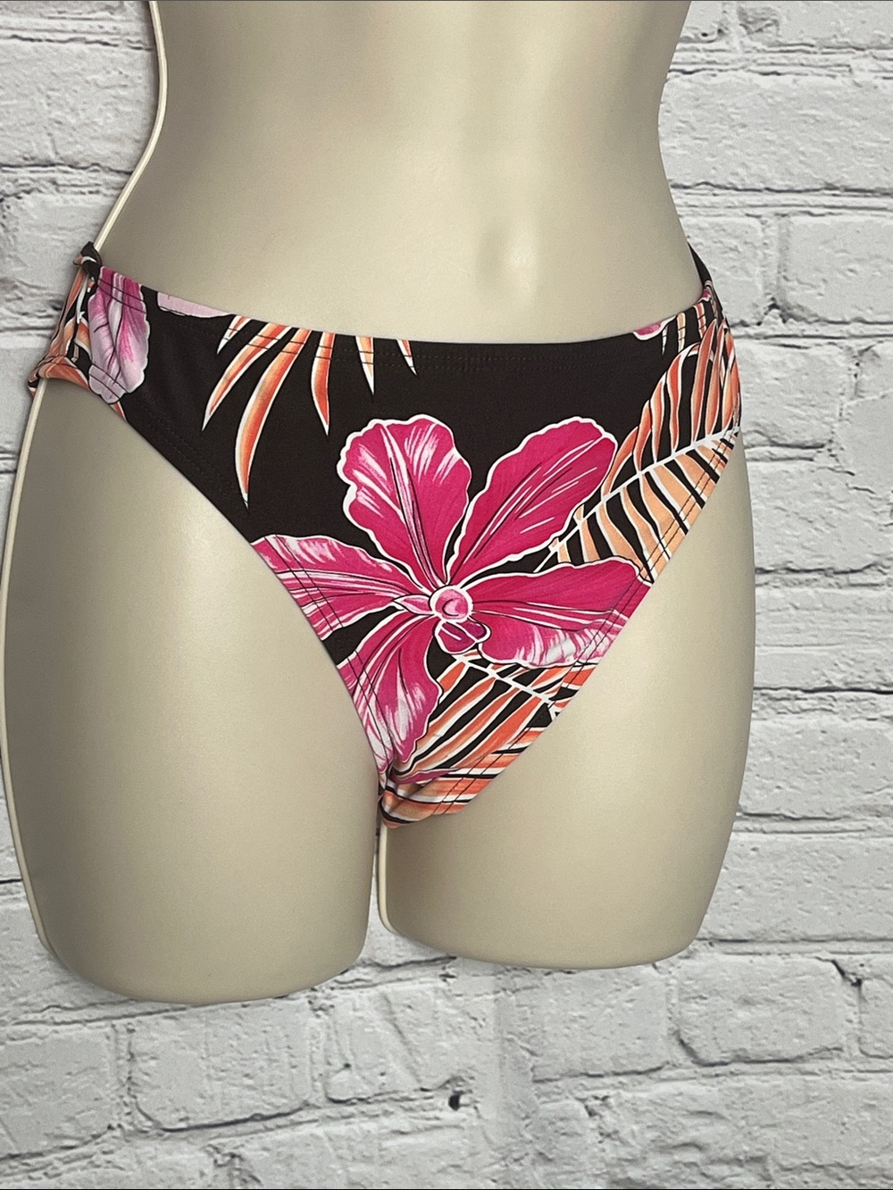 Floral High-Cut Bikini Bottom — Pink & Orange on Black